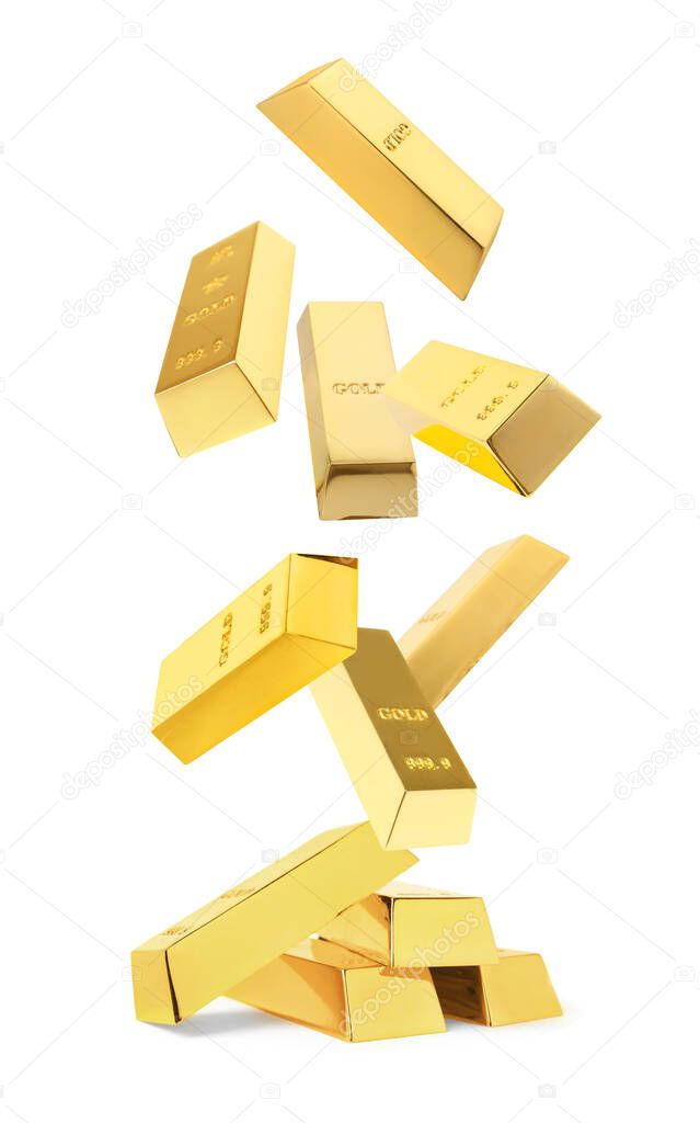 Shiny gold bars falling onto heap on white background