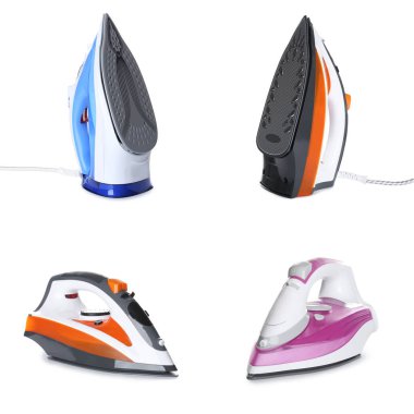 Beyaz arkaplanda modern elektrikli ütülerle ayarlandı