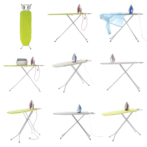 Set Met Moderne Elektrische Strijkijzers Planken Witte Achtergrond — Stockfoto