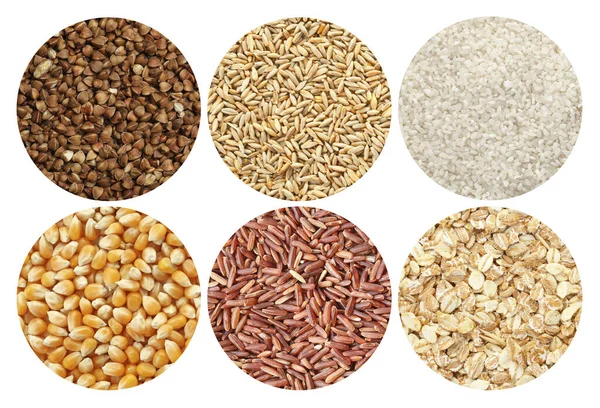Coleta Diferentes Grãos Cereais Sobre Fundo Branco — Fotografia de Stock