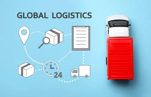 Παγκόσμια Ιδέα Logistics Φορτηγό Και Εικονίδια Γαλάζιο Φόντο — Φωτογραφία Αρχείου