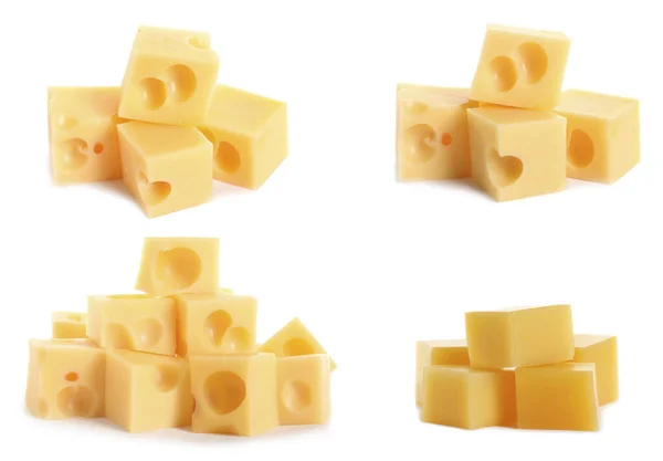 Set Delicious Cheese Cubes White Background — Stock Photo, Image