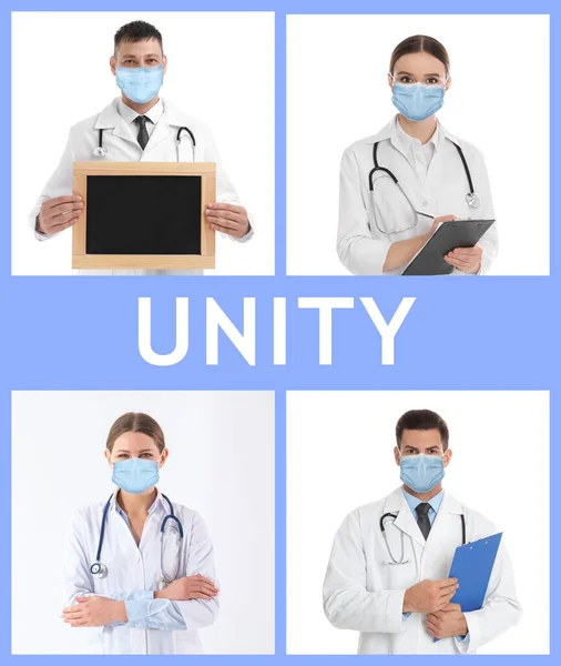 Einheitskonzept Collage Mit Einem Ärzteteam Das Medizinische Masken Trägt — Stockfoto