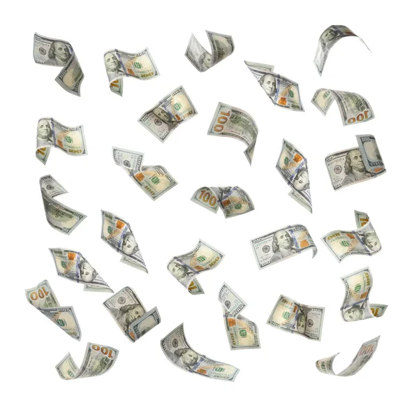 白い背景に落ちるお金のセット 通貨交換 — ストック写真