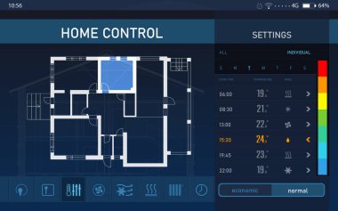 Enerji verimliliği ev kontrol sistemi. Farklı ayarları ve ev planını gösteren uygulama