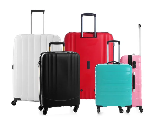 Set Van Verschillende Stijlvolle Koffers Voor Reizen Witte Achtergrond — Stockfoto