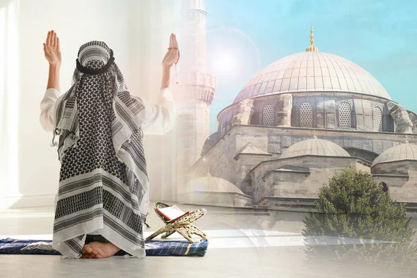 Double Exposure Muslim Man Praying Mosque — Stock Photo, Image