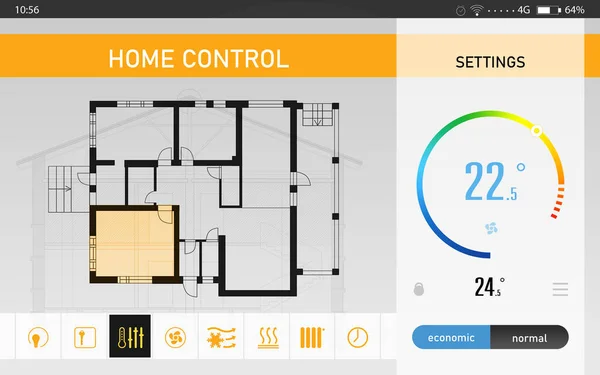 Energy efficiency home control system. Application displaying house plan, indoor temperature and other settings