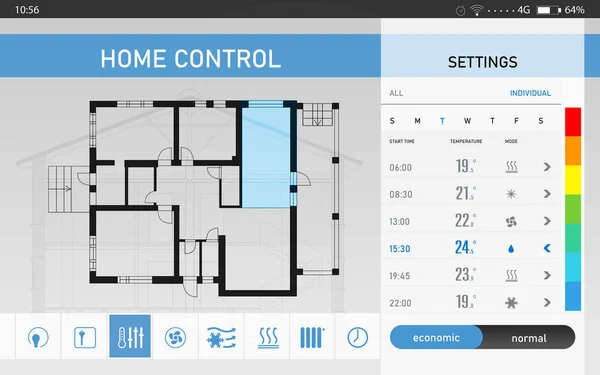 Energie Efficiëntie Home Control Systeem Toepassing Weergeven Van Verschillende Instellingen — Stockfoto