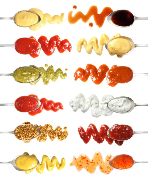 Ensemble Cuillères Avec Différentes Délicieuses Sauces Sur Fond Blanc Vue — Photo