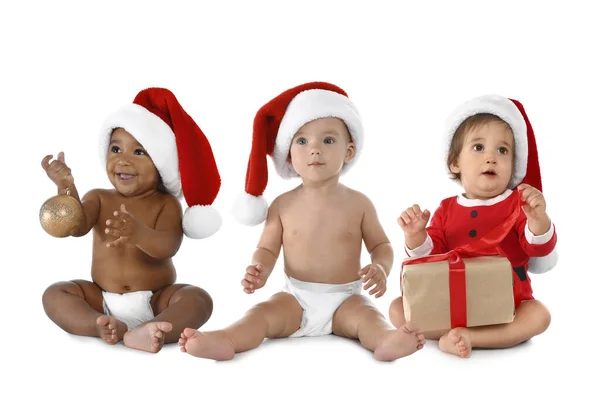 Collage Photos Cute Babies Wearing Santa Hats White Background — Stock Photo, Image