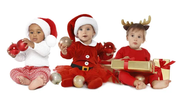 Collage Photos Cute Babies Christmas Decorations White Background Banner Design — Stock Photo, Image