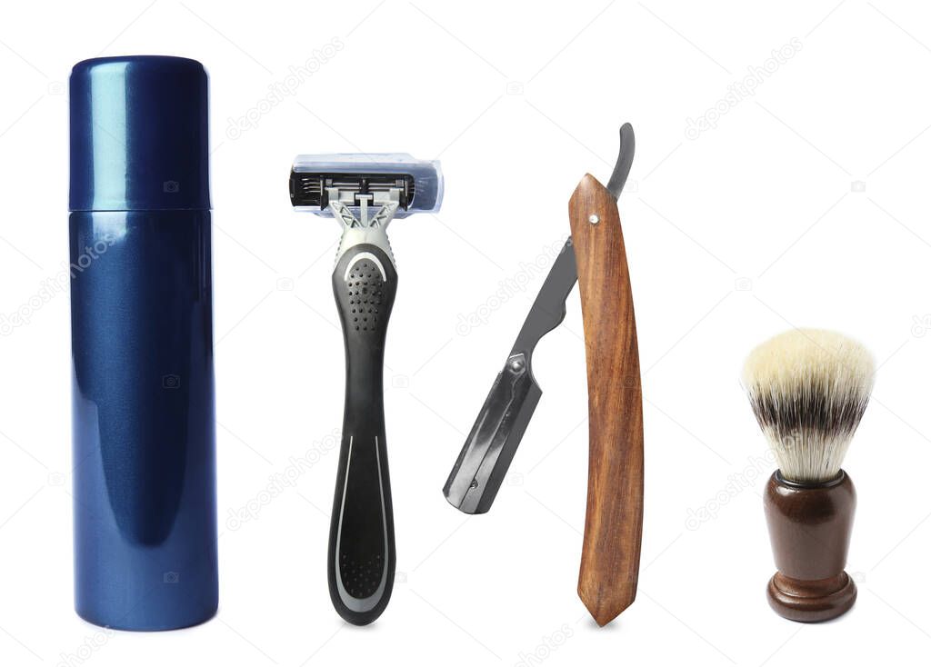 Set with shaving accessories for men on white background