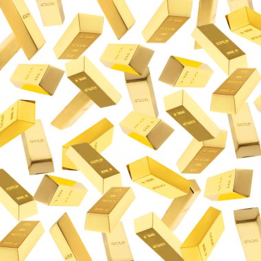 Beyaz arkaplanda düşen altın çubuklar kümesi