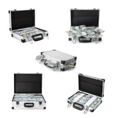 Beyaz arka planda parası olan bavullar.