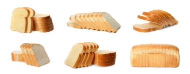 Beyaz arka planda dilimlenmiş ekmek koleksiyonu. Pankart tasarımı