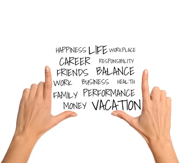 Conceito Equilíbrio Vida Trabalho Mulher Lista Palavras Sobre Fundo Branco — Fotografia de Stock