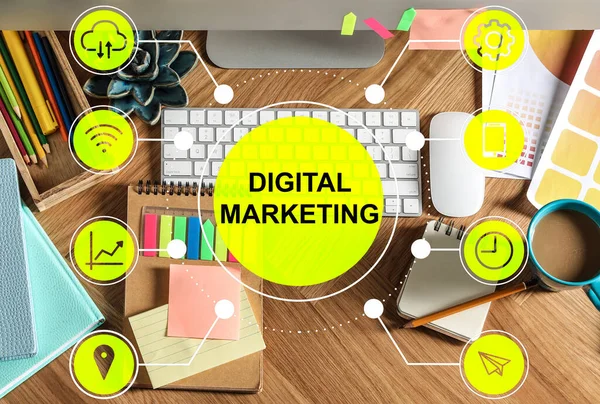 Digitale Marketingstrategie Werkplaats Met Moderne Computer Flat Tay — Stockfoto