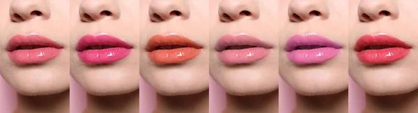 Vrouw Met Verschillende Kleuren Lipsticks Collage Banner Ontwerp — Stockfoto