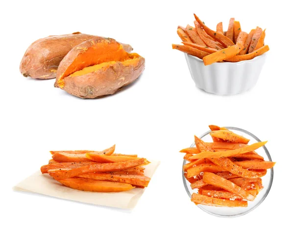 Set Van Heerlijke Gekookte Zoete Aardappelen Witte Achtergrond — Stockfoto