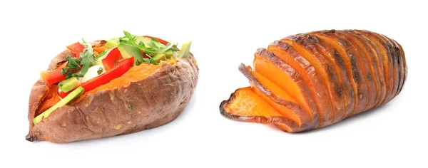 Heerlijke Gekookte Zoete Aardappelen Witte Achtergrond Banner Ontwerp — Stockfoto