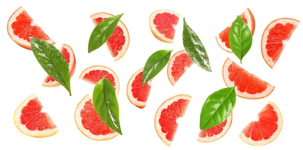 Szaftos Grapefruit Szeletek Levelek Fehér Alapon Bannertervezés — Stock Fotó