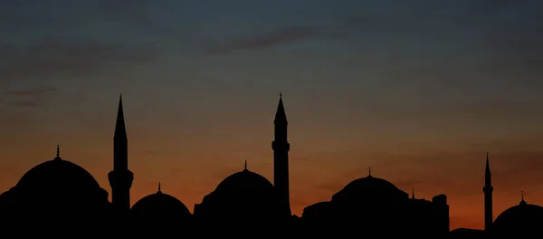 Sylwetka Meczetu Przy Zachodzie Słońca Sztandar Kultura Muzułmańska — Zdjęcie stockowe
