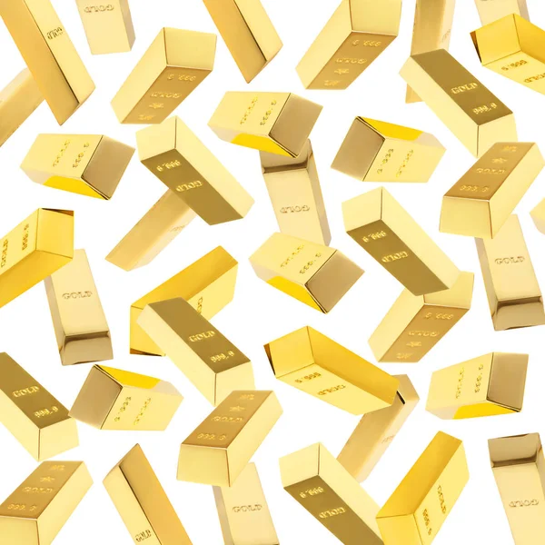 Beyaz arkaplanda düşen altın çubuklar kümesi