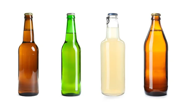 Set Met Verschillende Bierflesjes Witte Achtergrond — Stockfoto