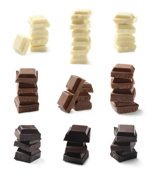 Set Met Verschillende Heerlijke Chocoladestukjes Witte Achtergrond — Stockfoto