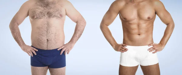 Slanke Overgewicht Mannen Lichte Achtergrond Close Banner Ontwerp — Stockfoto