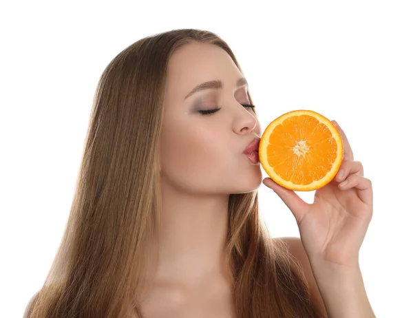 Young Woman Cut Orange White Background Vitamin Rich Food Royalty Free Stock Photos