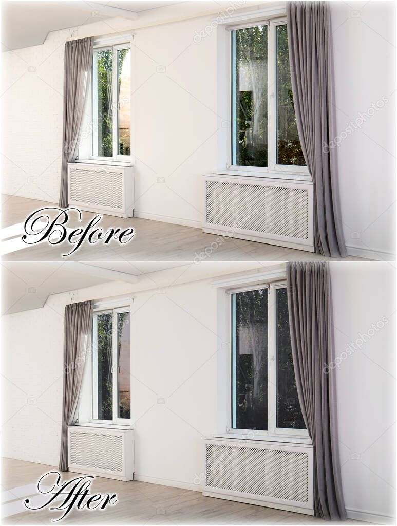 Empty room with windows before and after tinting