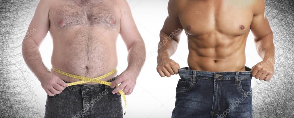 Slim and overweight men on color background, closeup