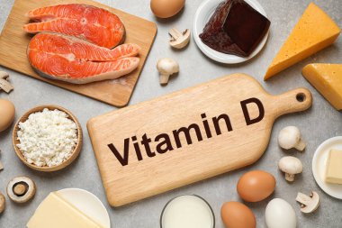 D vitamini açısından zengin taze ürünler. Metin için boşluk