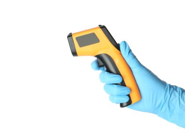 Doctor in latex gloves holding non-contact infrared thermometer on white background, closeup clipart