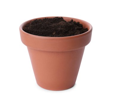 Stylish terracotta flower pot with soil isolated on white clipart