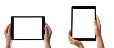 Beyaz arka planda tablet bilgisayarı tutan kadın, yakın plan. Pankart tasarımı 