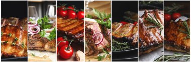Lezzetli ızgara et fotoğraflarıyla kolaj. Pankart tasarımı  