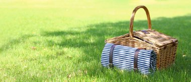Bahçedeki yeşil çimlerde battaniyeli piknik sepeti, mesaj için yer. Pankart tasarımı