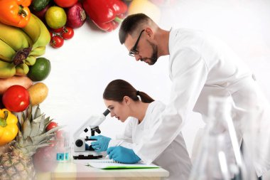 Masada mikroskobu olan bir bilim adamı ve laboratuardaki meslektaşı. Gıda kalitesi analizi