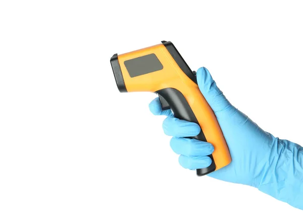 Arzt Latexhandschuhen Mit Berührungslosem Infrarot Thermometer Auf Weißem Hintergrund Nahaufnahme — Stockfoto