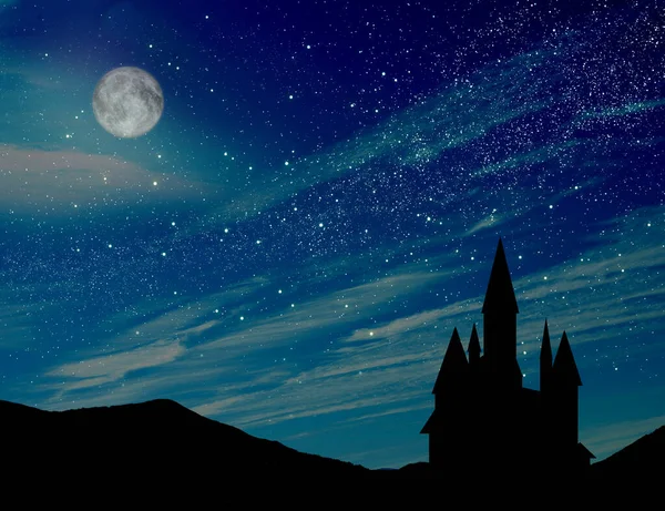 Märchen Prächtige Burg Unter Sternenhimmel Bei Vollmond Der Nacht — Stockfoto