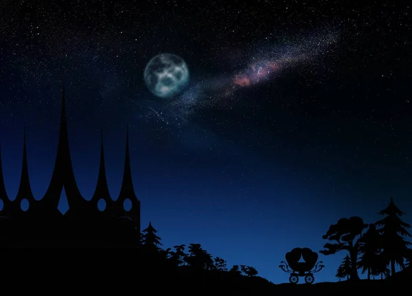 Mondo Delle Fiabe Magnifico Castello Sotto Cielo Stellato Con Luna — Foto Stock