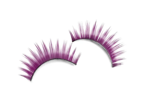 Beautiful Pair Purple False Eyelashes White Background Top View — Stock Photo, Image