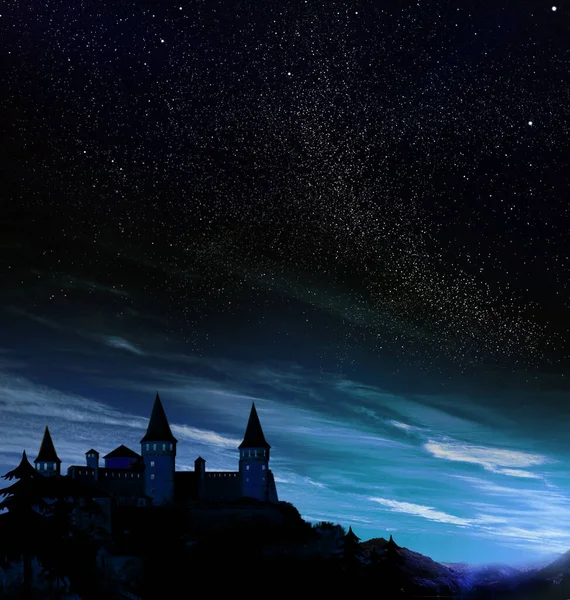 Märchenwelt Prächtige Burg Unter Sternenhimmel Der Nacht — Stockfoto