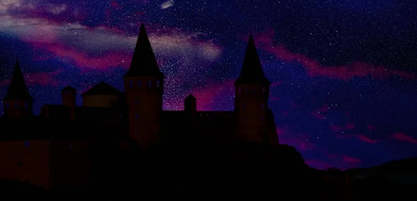 Märchenwelt Prächtige Burg Unter Sternenhimmel Der Nacht Bannerdesign — Stockfoto