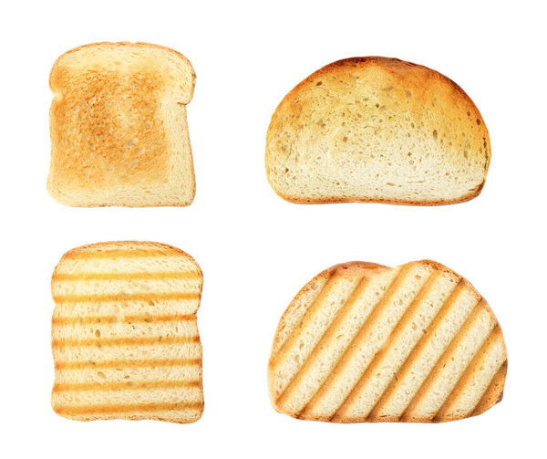 Set with toasted slices of wheat bread on white background, top view