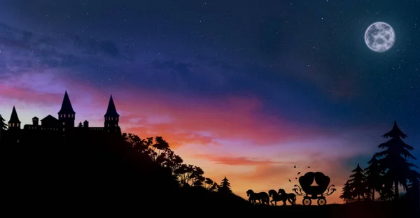 Magische Landschaft Kutsche Fährt Zum Märchenschloss — Stockfoto