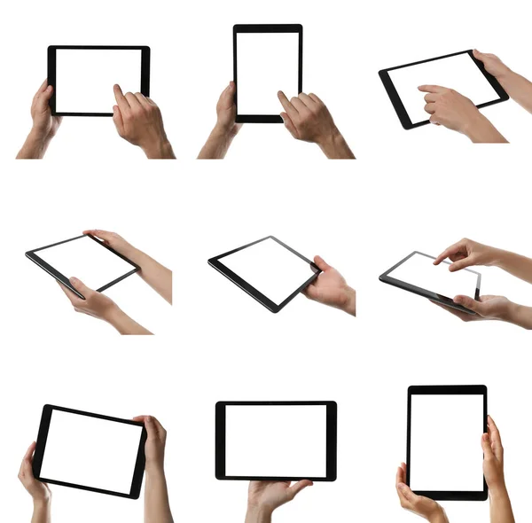 Collage Photos People Holding Tablet Computer White Background Closeup — Stock Photo, Image